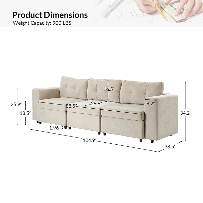 Raquel Sectional Three-Seat Storage Wide Armrests Sofa
