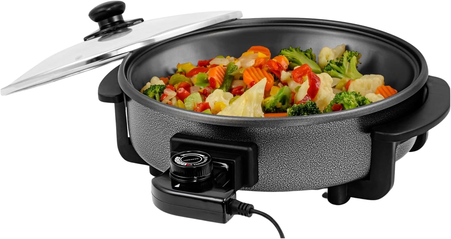OVENTE 12 Inch Electric Skillet and Frying Pan with Nonstick Coating, 1400W Power, Adjustable Temperature Control, Tempered Glass Lid with Vent and Cool Touch Handles, Black SK11112B