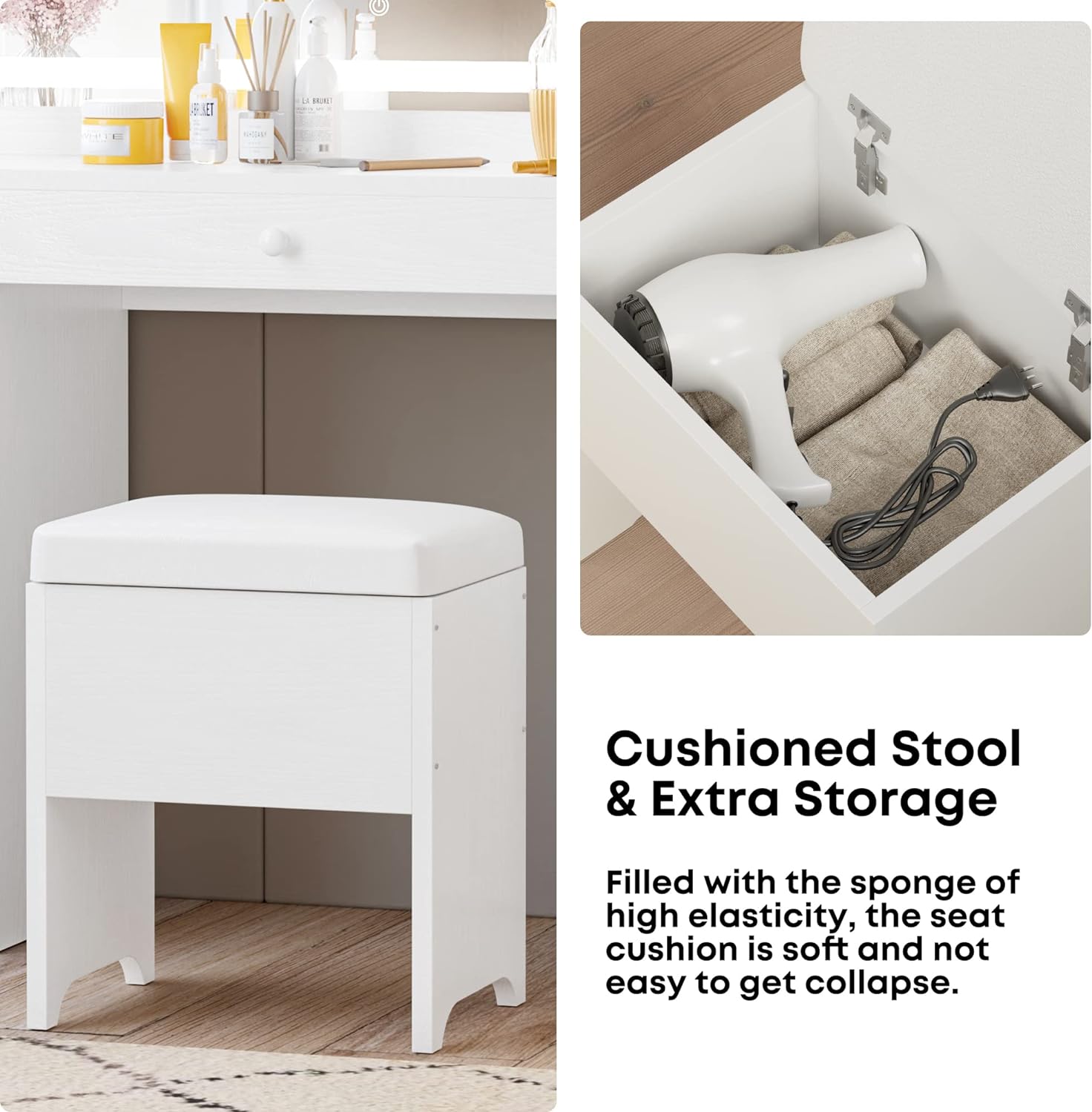 IRONCK Vanity Desk Set with LED Lighted Mirror & Power Outlet, 7 Drawers Makeup Vanities Dressing Table with Stool, for Bedroom, White