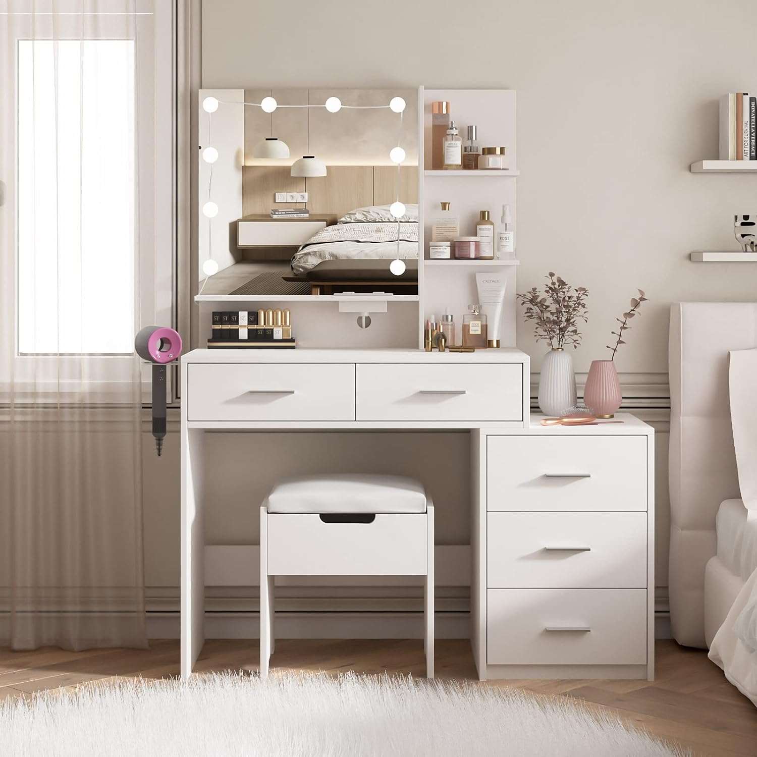Maupvit Vanity Desk with Mirror and Lights, White Vanity with Bedside Table, 5 Drawers Large Capacity, Metal Silver Handle, Makeup Vanity with 10 Led Lights And Charging Station