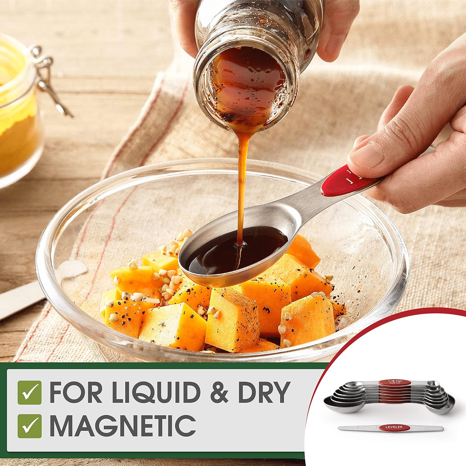 Spring Chef Magnetic Measuring Spoons Set with Strong N45 Magnets, Heavy Duty Stainless Steel Metal, Fits in Most Kitchen Spice Jars for Baking & Cooking, BPA Free, Black, Set of 8 with Leveler