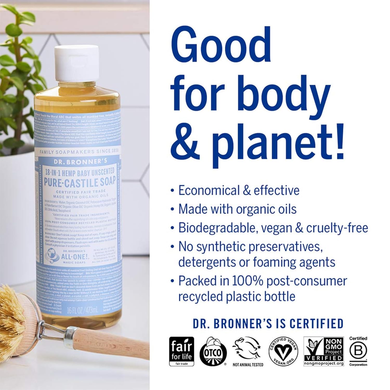 Dr. Bronner's - Pure-Castile Liquid Soap (Baby Unscented, 8 Ounce) - Made with Organic Oils, 18-in-1 Uses: Face, Hair, Laundry, Dishes, For Sensitive Skin, Babies, No Added Fragrance, Vegan, Non-GMO