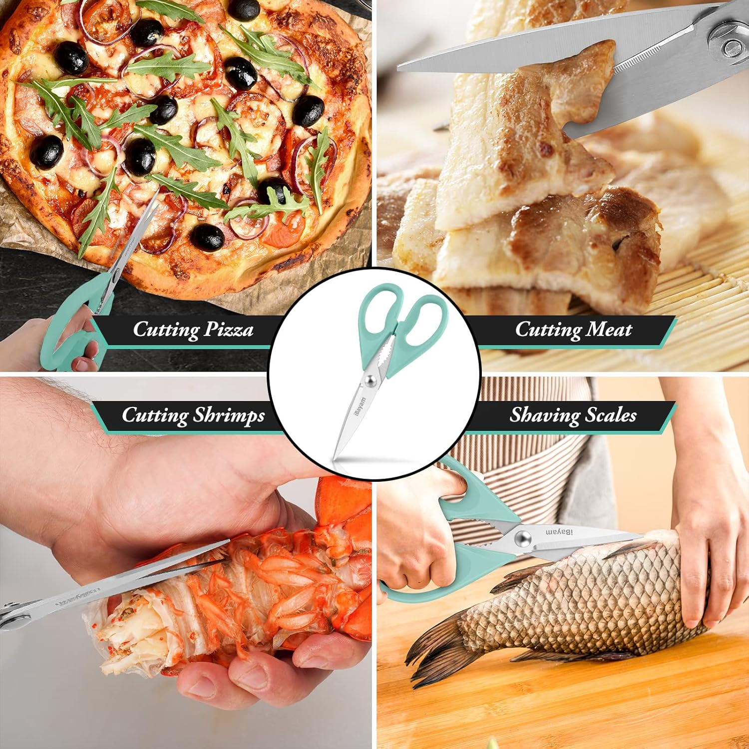 iBayam Kitchen Scissors All Purpose Heavy Duty Meat Poultry Shears, Dishwasher Safe Food Cooking Scissors Stainless Steel Utility Scissors, 2-Pack (Black Red, Black Gray)