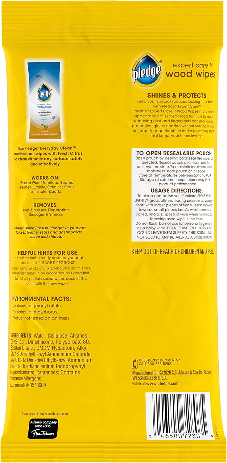 Pledge Expert Care Wood Wipes, Shines and Protects, Removes Fingerprints, Lemon Scent, 24 Count (Pack of 1)