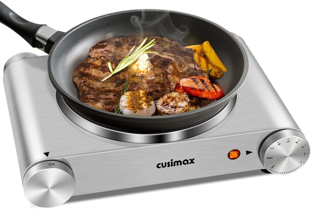 CUSIMAX 1800W Ceramic Electric Hot Plate for Cooking, Dual Control Infrared Cooktop, Double Burner, Portable Countertop Burner, Glass Plate Electric Cooktop, Silver, Stainless Steel-Upgraded Version