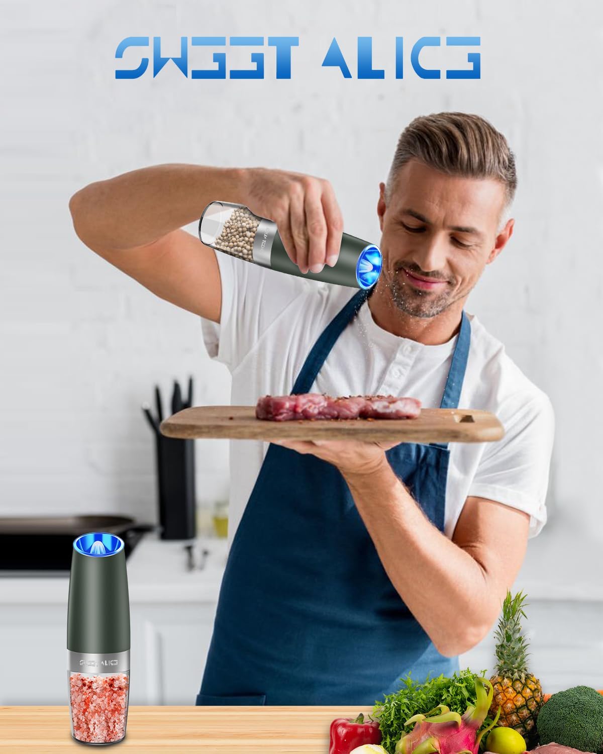 Sweet Alice Gravity Electric Pepper and Salt Grinder Set, Adjustable Coarseness, Battery Powered with LED Light, One Hand Automatic Operation, Stainless Steel Black, 2 Pack