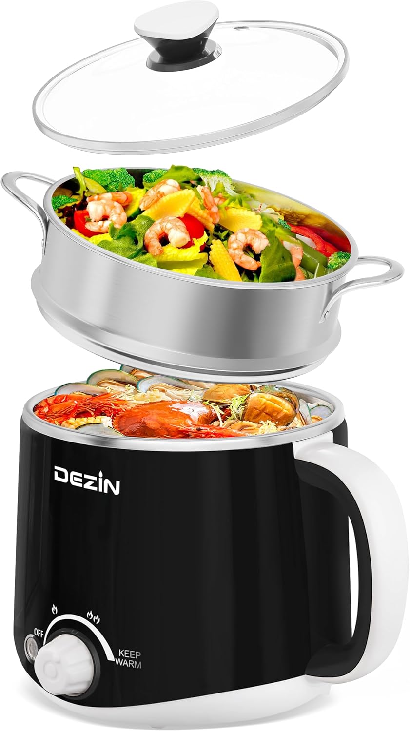 Dezin Electric Pot, 1.6L Ramen Cooker, Hot Pot Electric Stainless Steel, Multifunctional Electric Cooker for Egg, Pasta, Soup, Porridge, Oatmeal with Temperature Control and Keep Warm Function