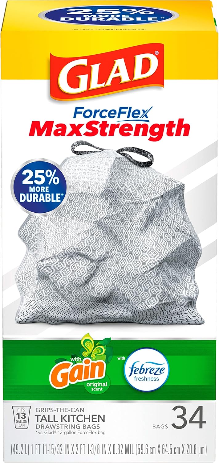 Glad Trash Bags, ForceFlexPlus XL X-Large Kitchen Drawstring Garbage Bags - 20 Gallon Grey Trash Bag, Fresh Clean with Febreze Freshness 80 Count (Package May Vary)