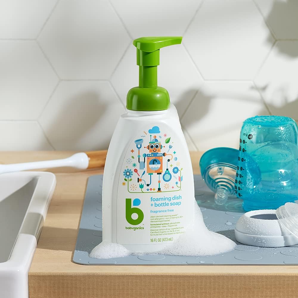 Babyganics Foaming Dish & Bottle Soap, Pump Bottle, Fragrance Free, Plant-Derived Cleaning Power, Removes Dried Milk, 16 Fl Oz, (Pack of 3), Packaging May Vary