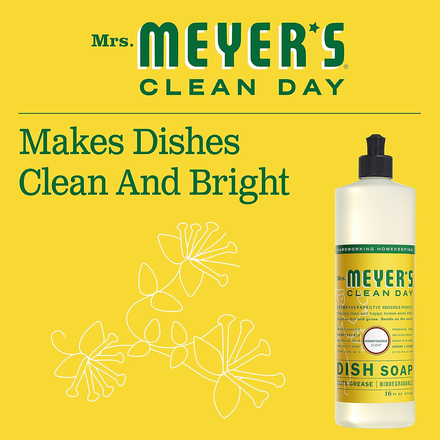 MRS. MEYER'S CLEAN DAY Liquid Dish Soap, Biodegradable Formula, Basil, 16 fl. oz - Pack of 3