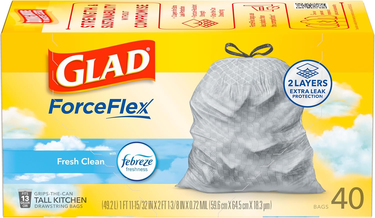 Glad Tall Kitchen Drawstring Trash Bags - Odorshield 13 Gallon White Trash Bag, Febreze Fresh Clean, 110 Count