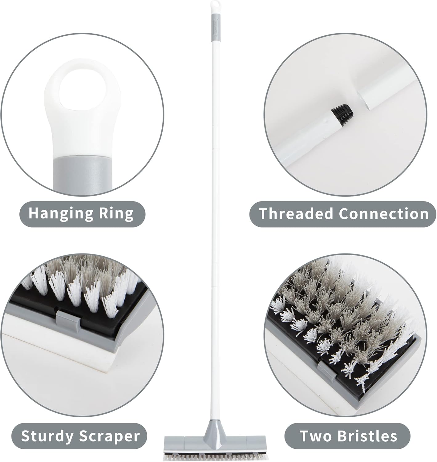 BOOMJOY Floor Scrub Brush with Long Handle, 2 in 1 Scrape and Brush, Stiff Bristles Floor Scrubber, Deck Brush for Cleaning Bathroom, Patio, Garage, Kitchen, Bath, Tile