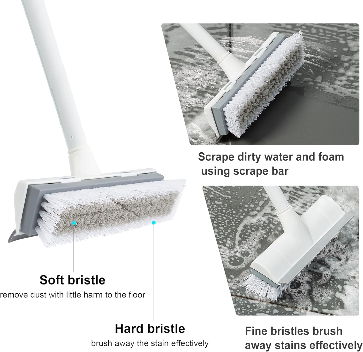 BOOMJOY Floor Scrub Brush with Long Handle, 2 in 1 Scrape and Brush, Stiff Bristles Floor Scrubber, Deck Brush for Cleaning Bathroom, Patio, Garage, Kitchen, Bath, Tile