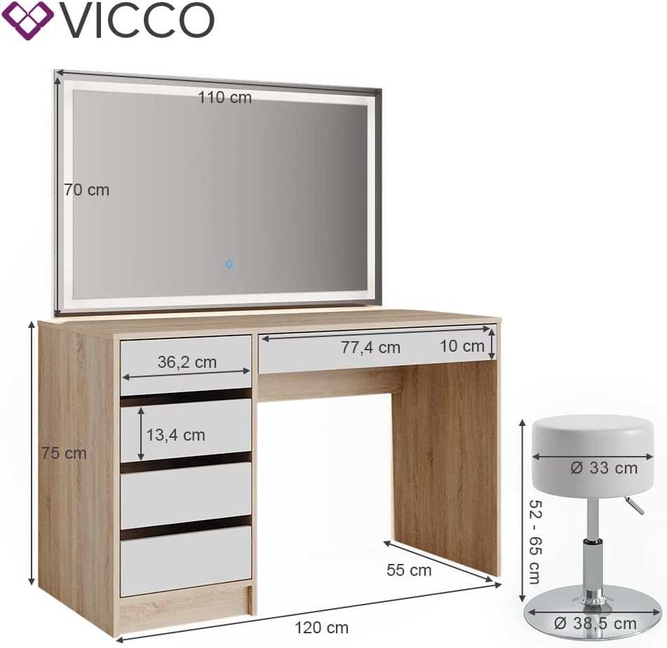 Vicco Sherry Dressing Table Sonoma / White 120 cm with LED Mirror and Stool