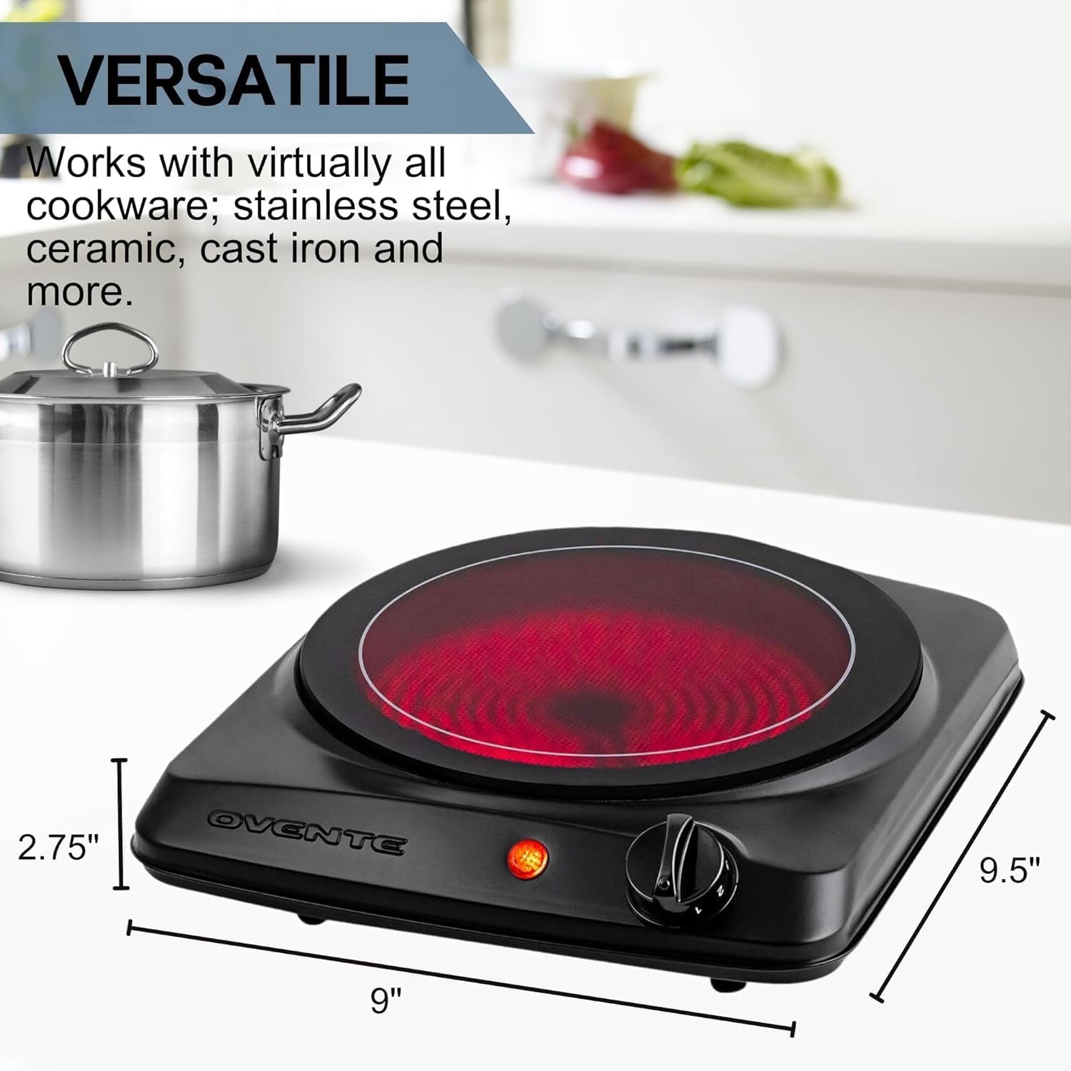 OVENTE Countertop Infrared Single Burner, 1000W Electric Hot Plate with 7” Ceramic Glass Cooktop, 5 Level Temperature Setting & Easy to Clean Base, Compact Stove for Home Dorm Office, Silver BGI101S