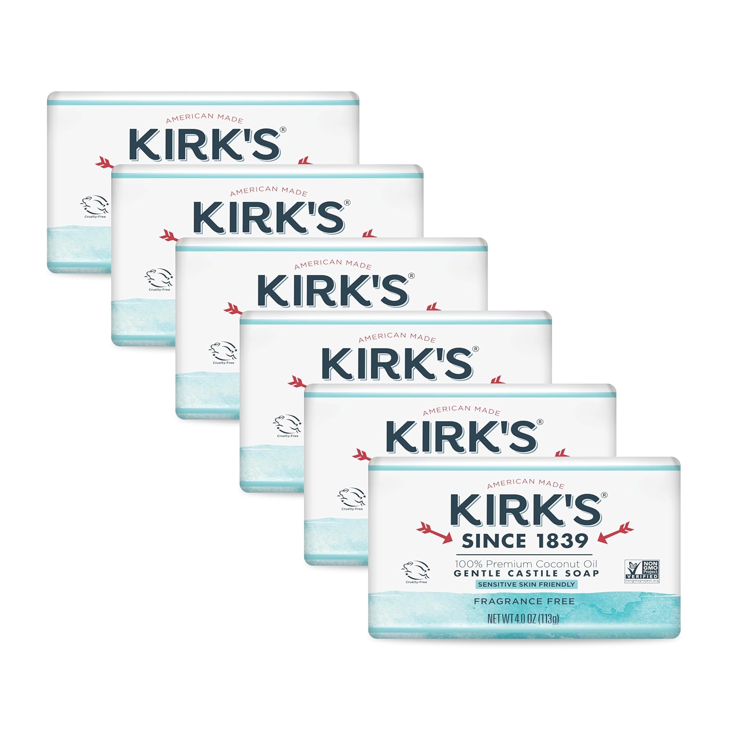 Kirk's Castile Bar Soap for Men, Women & Children - Made With Premium Coconut Oil, Sensitive Skin Formula, Vegan, Non GMO, Original Fresh Scent, 4 oz. Bars, 6 Pack