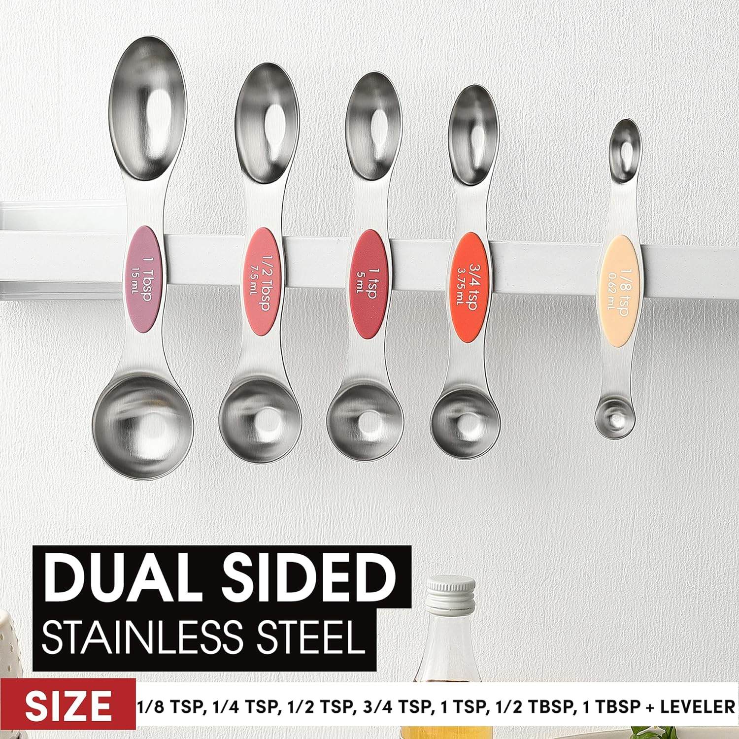 Spring Chef Magnetic Measuring Spoons Set with Strong N45 Magnets, Heavy Duty Stainless Steel Metal, Fits in Most Kitchen Spice Jars for Baking & Cooking, BPA Free, Black, Set of 8 with Leveler