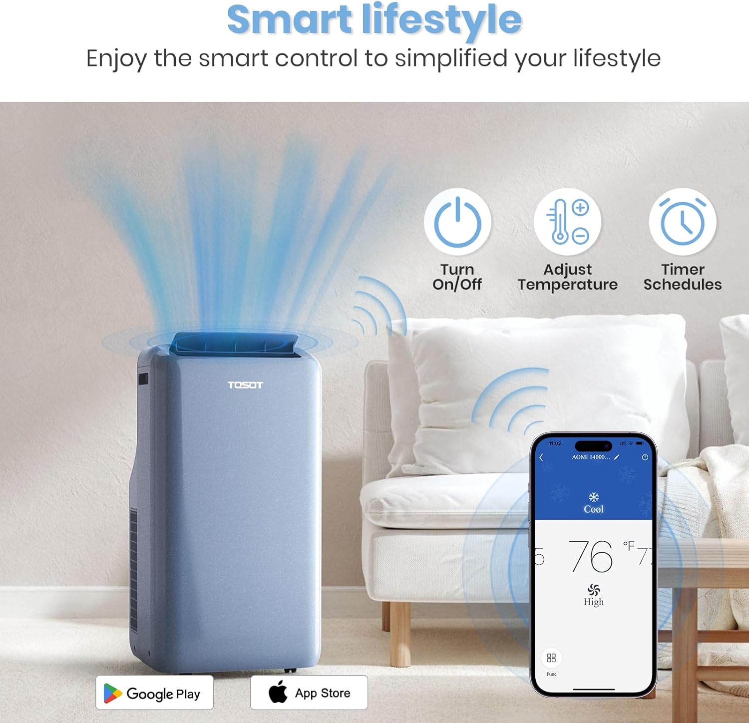 TOSOT 14,000BTU (9,600 BTU SACC) Smart WiFi Portable Air Conditioner with Heater, Powerful Cooling Auto Swing, Dehumidifier, Fan, 24H Timer for Large Room Up to 600 sq ft, AOMI Series
