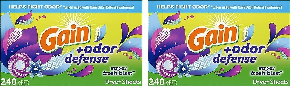 Gain + Odor Defense Dryer Sheets, Super Fresh Blast Scent Fabric Softener Sheets, 240 ct