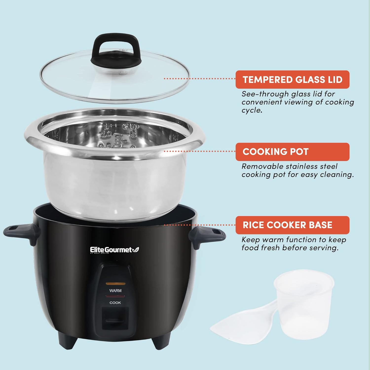 Elite Gourmet ERC-003 Electric Rice Cooker with Automatic Keep Warm Makes Soups, Stews, Grains, Hot Cereals, White, 6 Cups Cooked (3 Cups Uncooked)