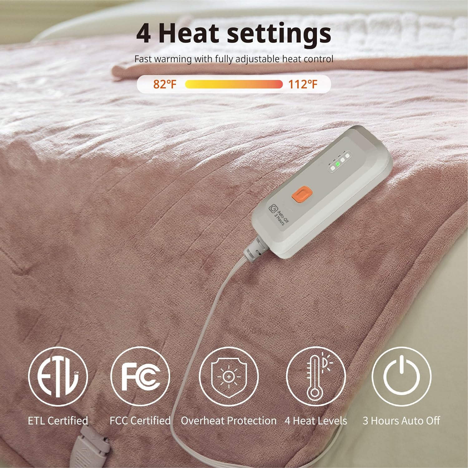 GOTCOZY Heated Blanket Electric Throw 50''X60''- Soft Silky Plush Electric Blanket with 4 Heating Level & 3 Hour Auto Off Heating Blanket, ETL Certified Machine Washable (Rose Dust)