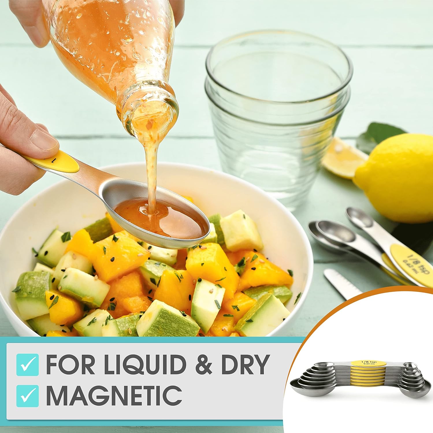 Spring Chef Magnetic Measuring Spoons Set with Strong N45 Magnets, Heavy Duty Stainless Steel Metal, Fits in Most Kitchen Spice Jars for Baking & Cooking, BPA Free, Black, Set of 8 with Leveler