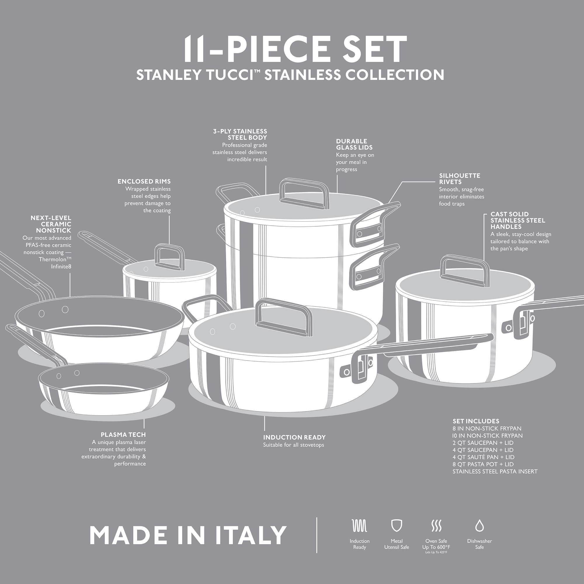 GreenPan™ Stanley Tucci™ Stainless-Steel Mixed Material 11-Piece Cookware Set