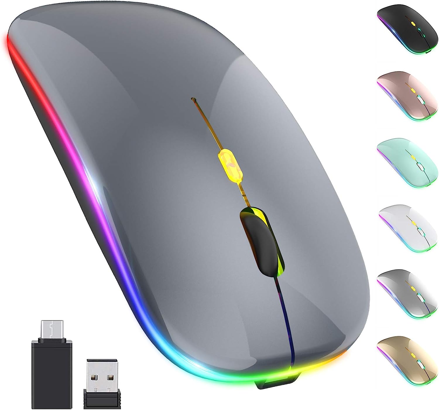 [Upgrade] LED Wireless Mouse, Slim Silent Mouse 2.4G Portable Mobile Optical Office Mouse with USB & Type-c Receiver, 3 Adjustable DPI Levels for Notebook, PC, Laptop, Computer, MacBook (Pink)