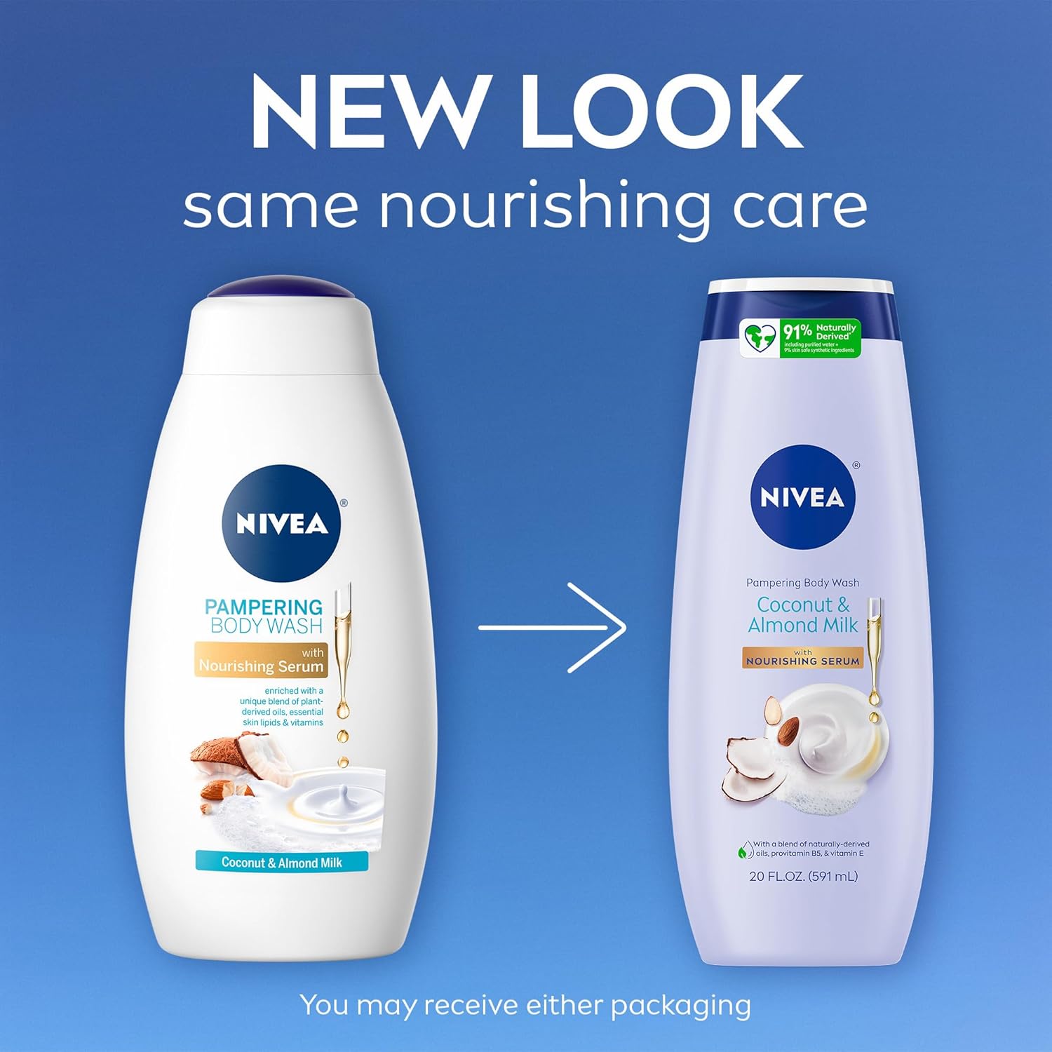 NIVEA Coconut and Almond Milk Pampering Body Wash, Moisturizing Body Wash with Nourishing Serum, Plant-Derived Oils, Essential Skin Lipids and Vitamins, 20 Fl Oz Bottle