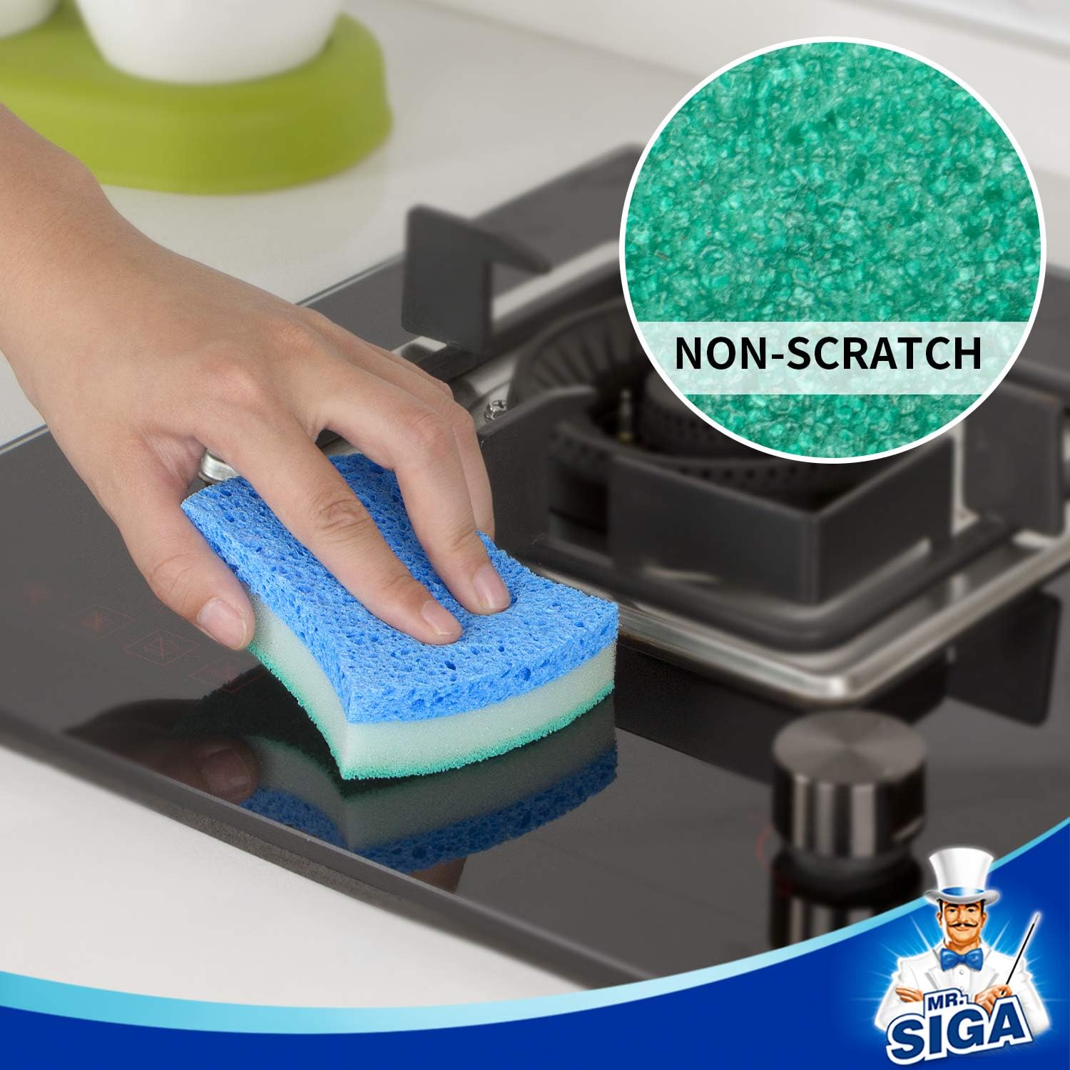 MR.SIGA Non-Scratch Cellulose Scrub Sponge, Dual-Sided Dishwashing Sponge for Kitchen, 12 Pack