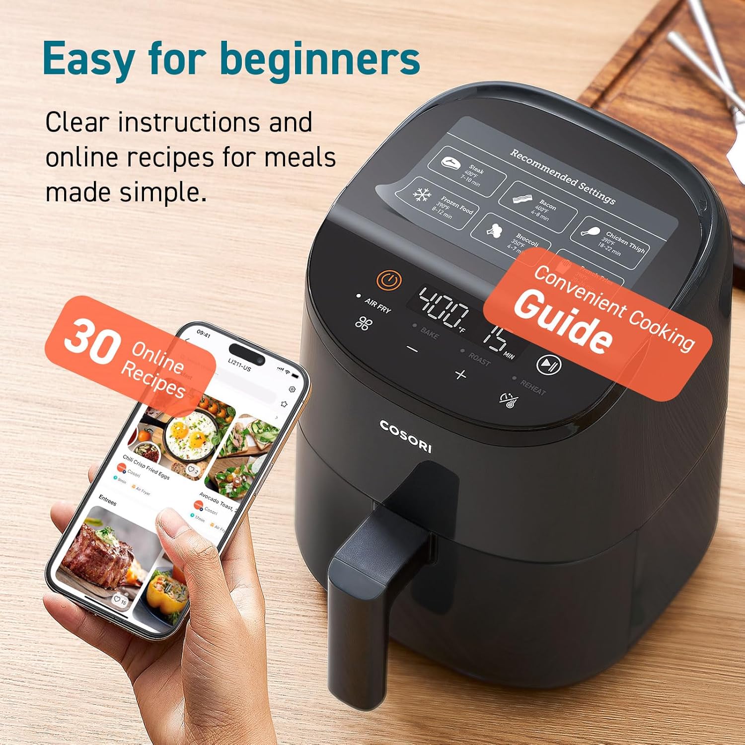 COSORI 2.1Qt Air Fryer, Small 4-in-1 Air Fryer Perfect for Simple Meals and Snack, Easy to Leftover Food to Crispy, 97% Less Oil, 30 In-App Recipes, Nonstick & Dishwasher Safe Basket