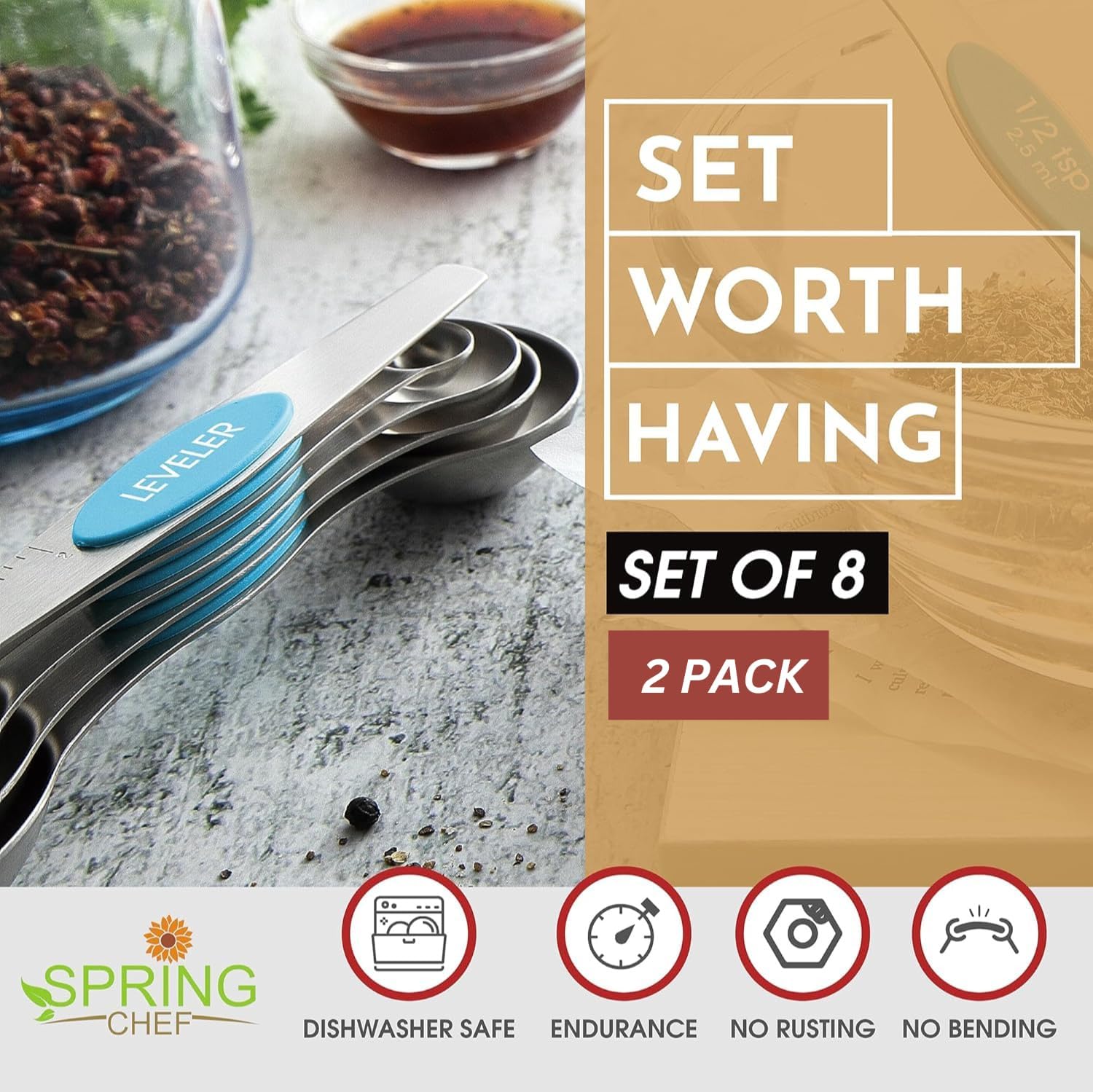 Spring Chef Magnetic Measuring Spoons Set with Strong N45 Magnets, Heavy Duty Stainless Steel Metal, Fits in Most Kitchen Spice Jars for Baking & Cooking, BPA Free, Black, Set of 8 with Leveler