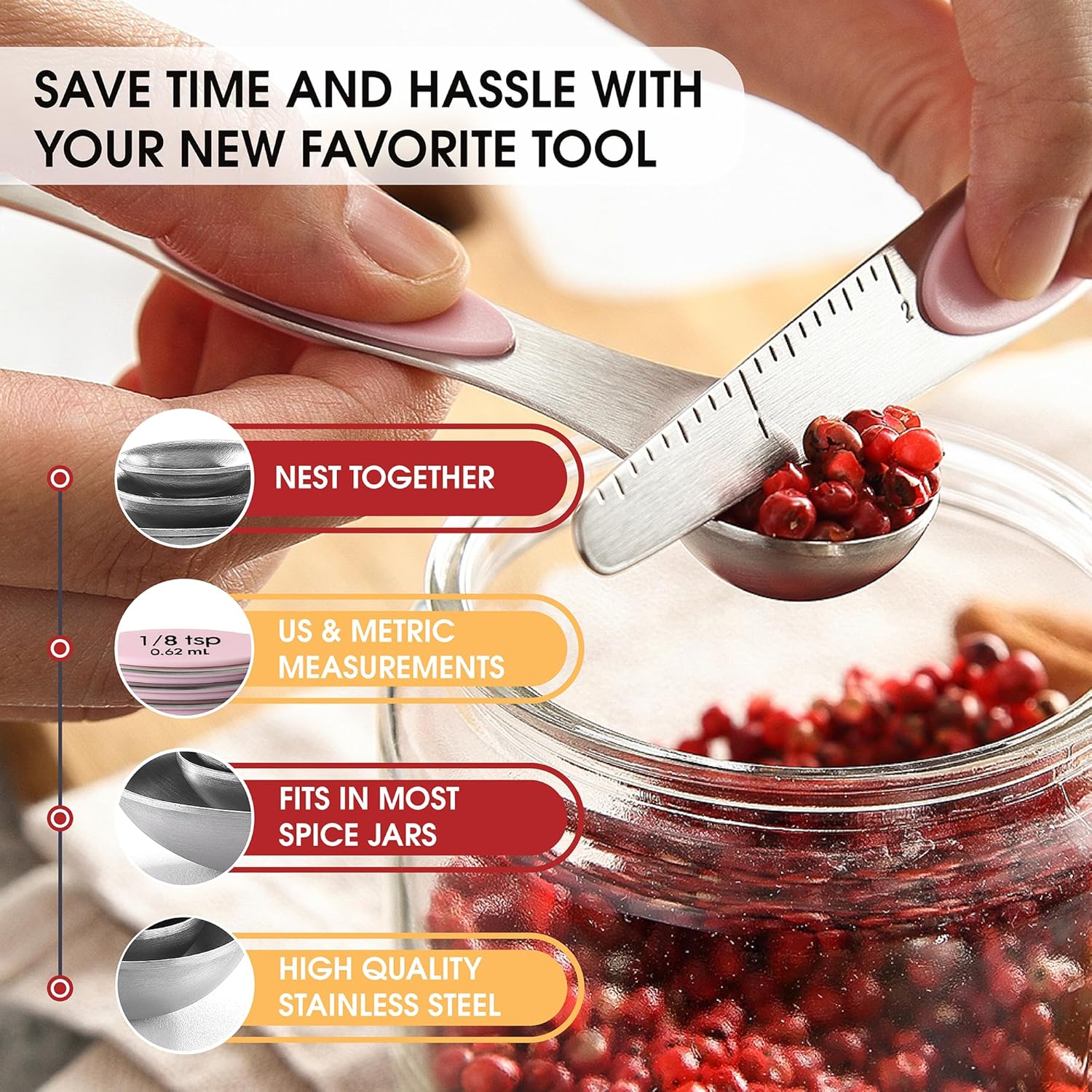 Spring Chef Magnetic Measuring Spoons Set with Strong N45 Magnets, Heavy Duty Stainless Steel Metal, Fits in Most Kitchen Spice Jars for Baking & Cooking, BPA Free, Black, Set of 8 with Leveler