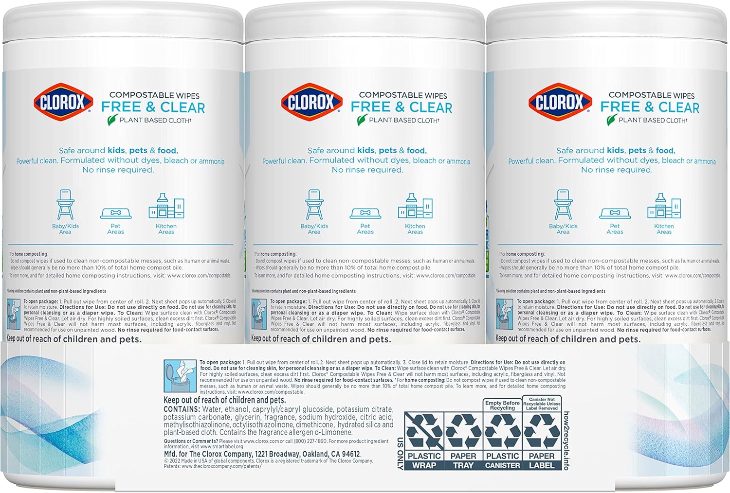 Clorox Free & Clear Compostable Cleaning Wipes, Light Lemon Scent, 75 Count, Pack of 3 (Pack May Vary)