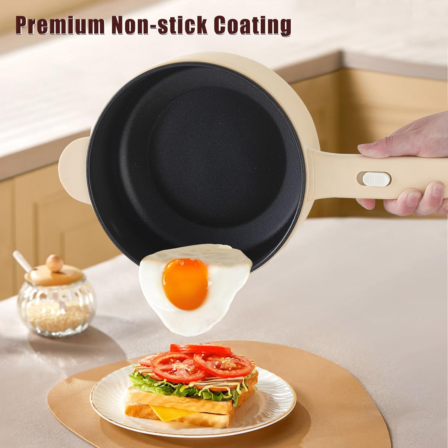 Dezin Electric Cooker, 2L Non-Stick Sauté Pan, Rapid Noodles Cooker, Mini Pot for Ramen with Power Adjustment, Dorm Room Essential (Egg Rack Included)