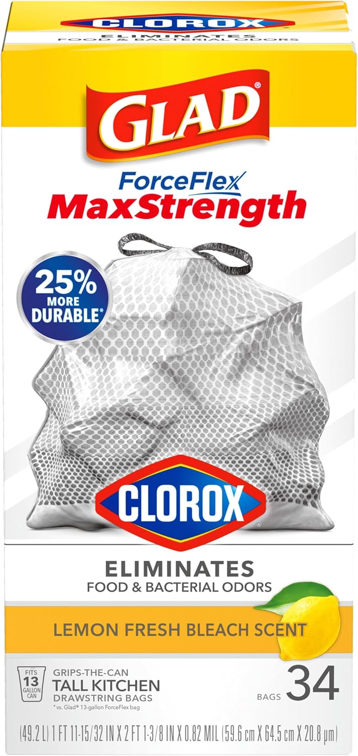 Glad ForceFlex MaxStrength with Clorox Trash Bags, 13 Gal, Lemon Fresh Bleach, 90 Ct, Pack May Vary