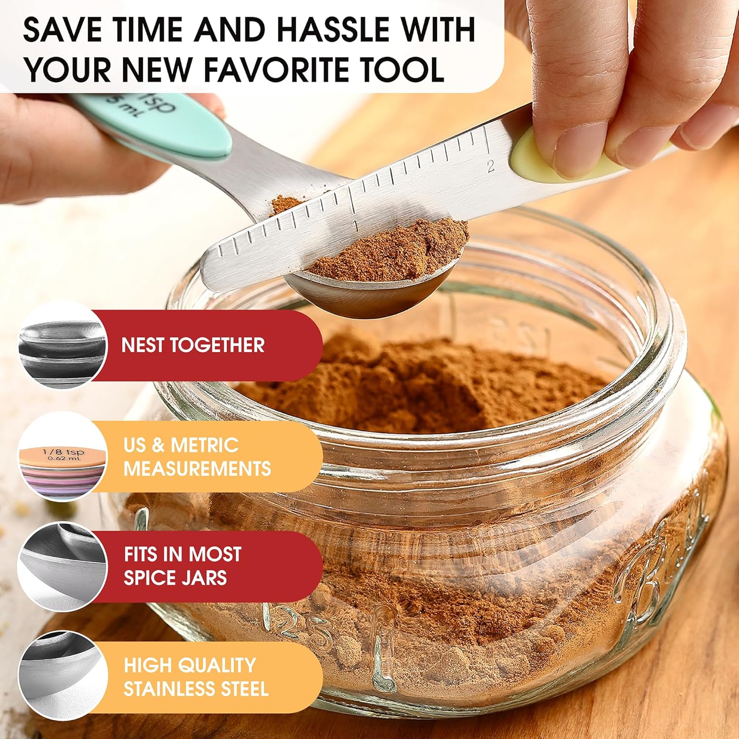 Spring Chef Magnetic Measuring Spoons Set with Strong N45 Magnets, Heavy Duty Stainless Steel Metal, Fits in Most Kitchen Spice Jars for Baking & Cooking, BPA Free, Black, Set of 8 with Leveler