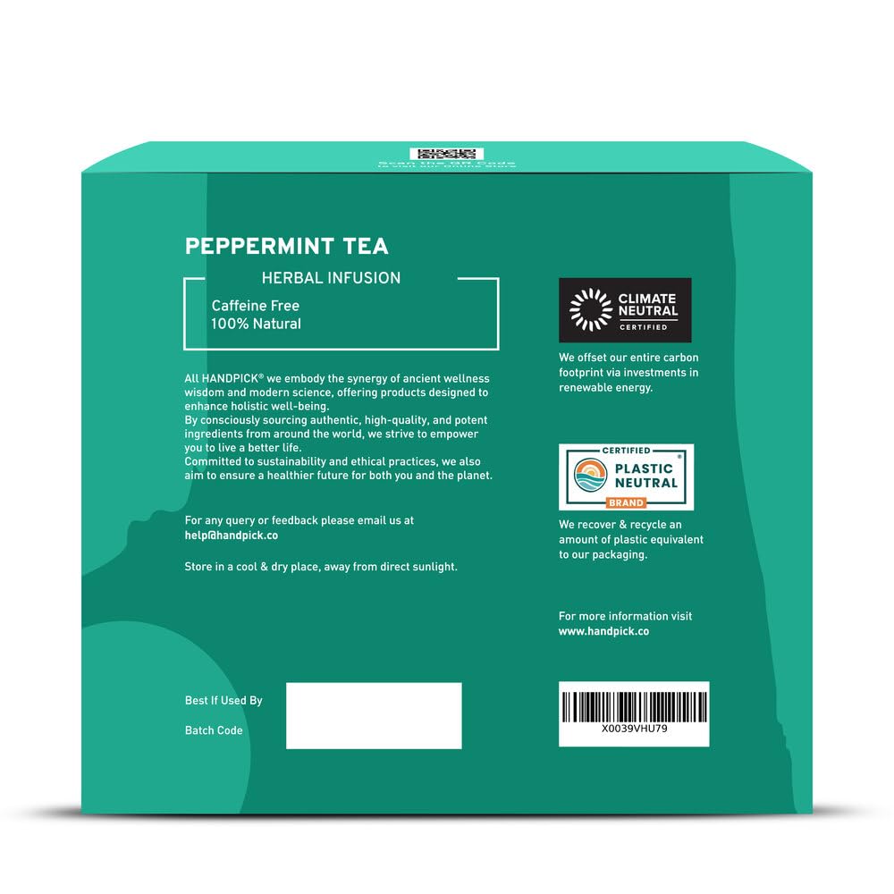 HANDPICK, Peppermint Tea, Eco-Conscious Tea Bags - 100 Count | Caffeine Free, Non-GMO | Minty, Fresh & Cool flavor | Direct From Source