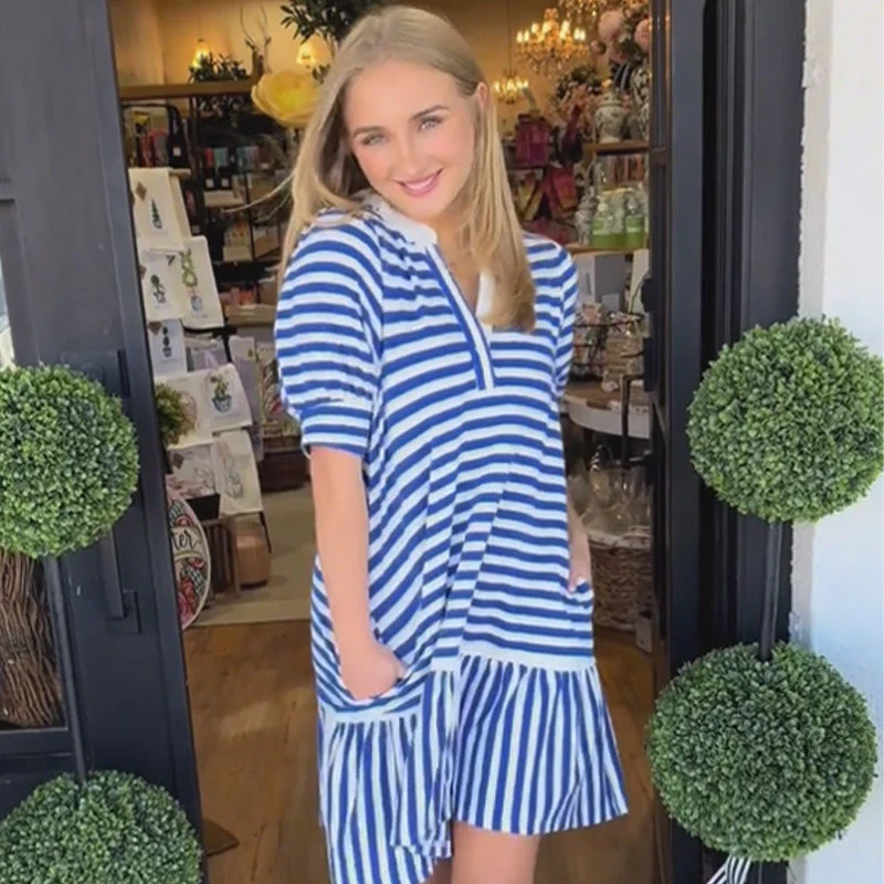 Women's Striped V-Neck Dress with Pleated Hem