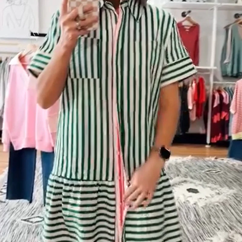 Lapel Short Sleeve Green Stripe Dress