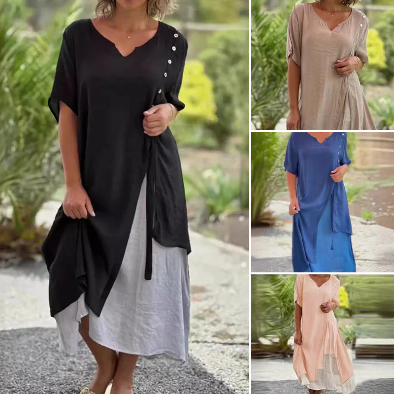 Short Sleeve Loose Fit Cotton Linen Dress