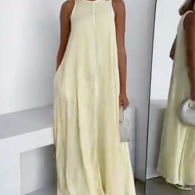 Solid Color Round Neck Sleeveless Flowy Dress