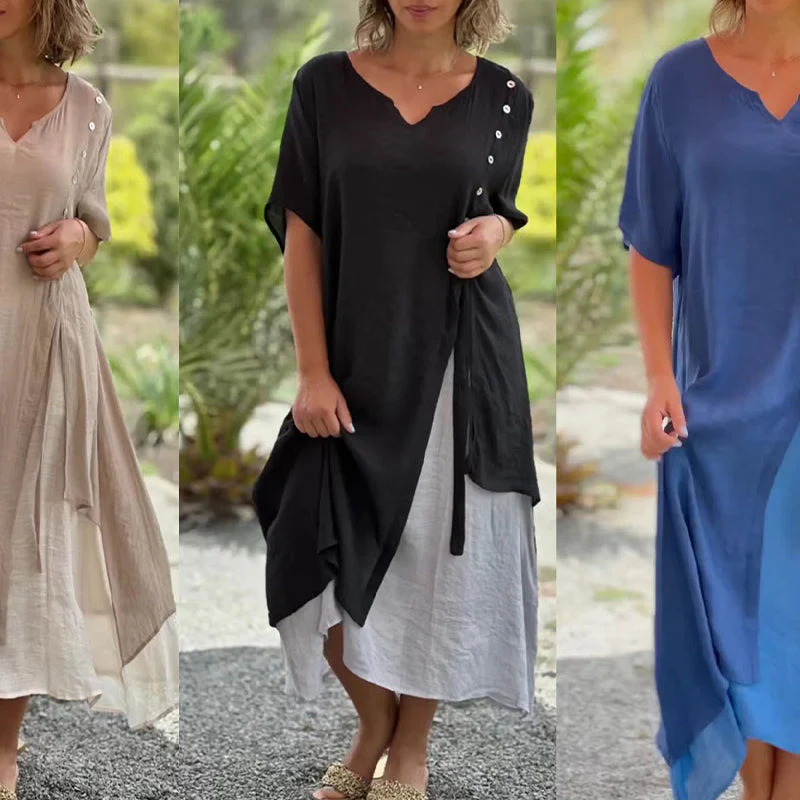 Short Sleeve Loose Fit Cotton Linen Dress