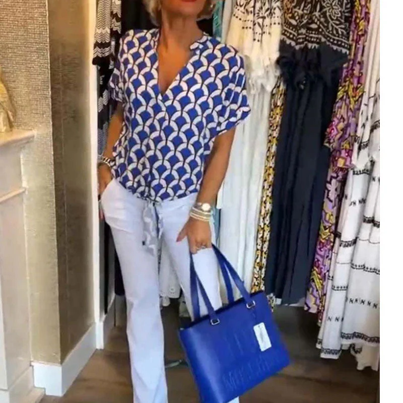 🔥Short-Sleeved V-Neck Printed Casual Top