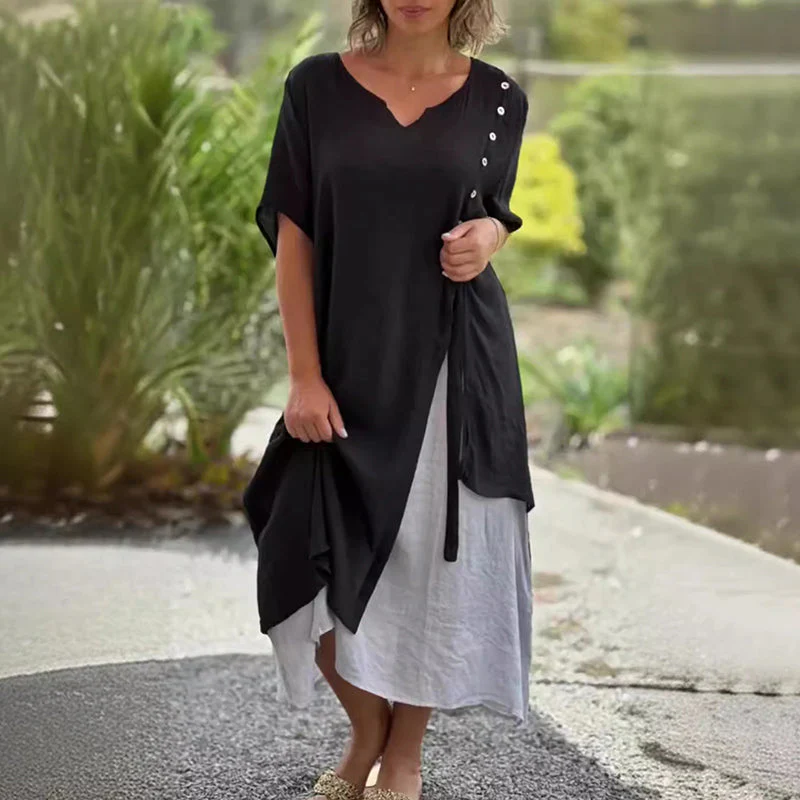 Short Sleeve Loose Fit Cotton Linen Dress