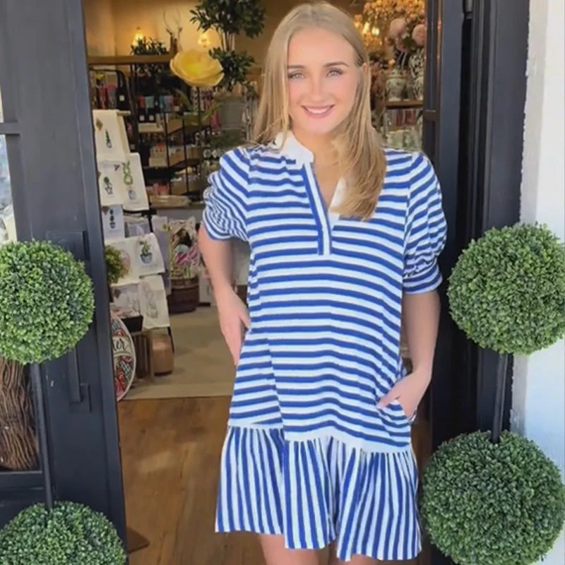 Women's Striped V-Neck Dress with Pleated Hem