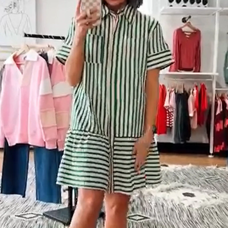 Lapel Short Sleeve Green Stripe Dress