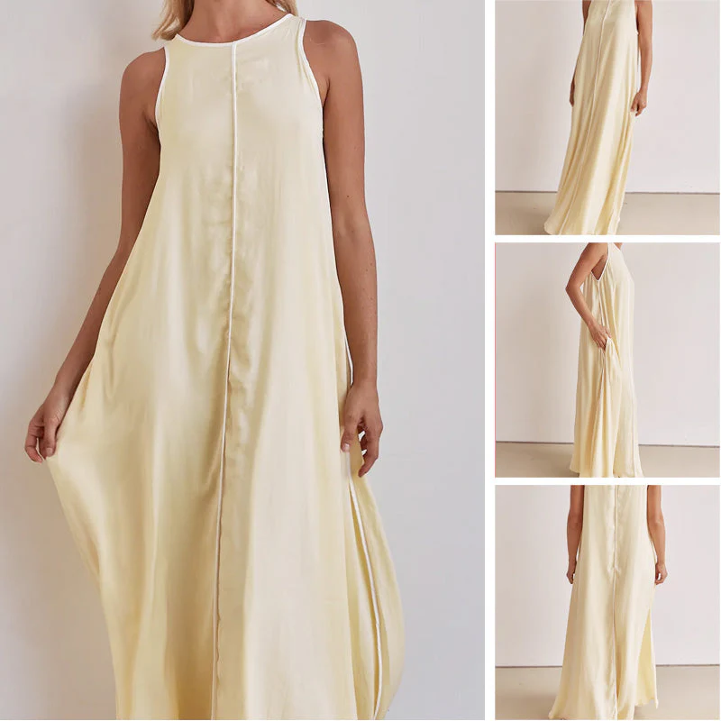 Solid Color Round Neck Sleeveless Flowy Dress