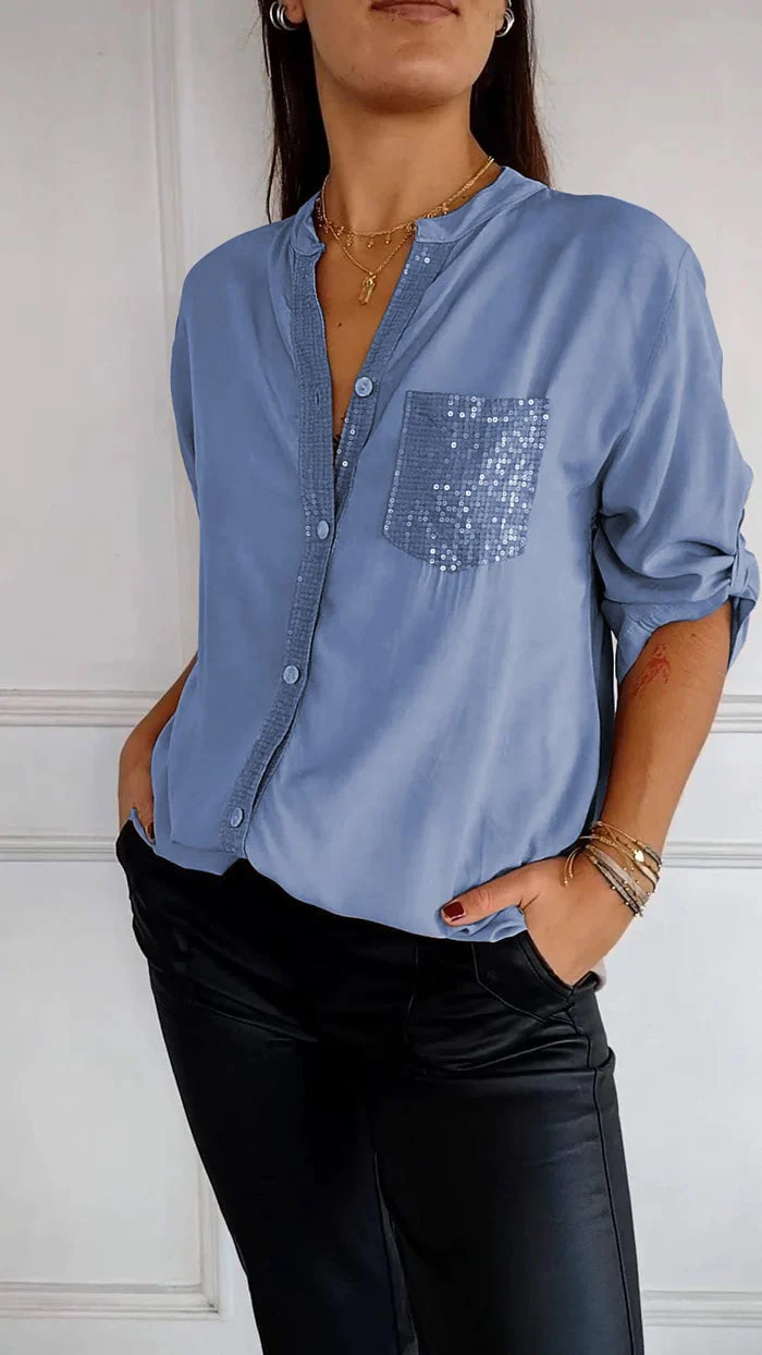 🔥2025 HOT SALE🌸Cotton V-neck Sequin Mid-sleeve Casual Top
