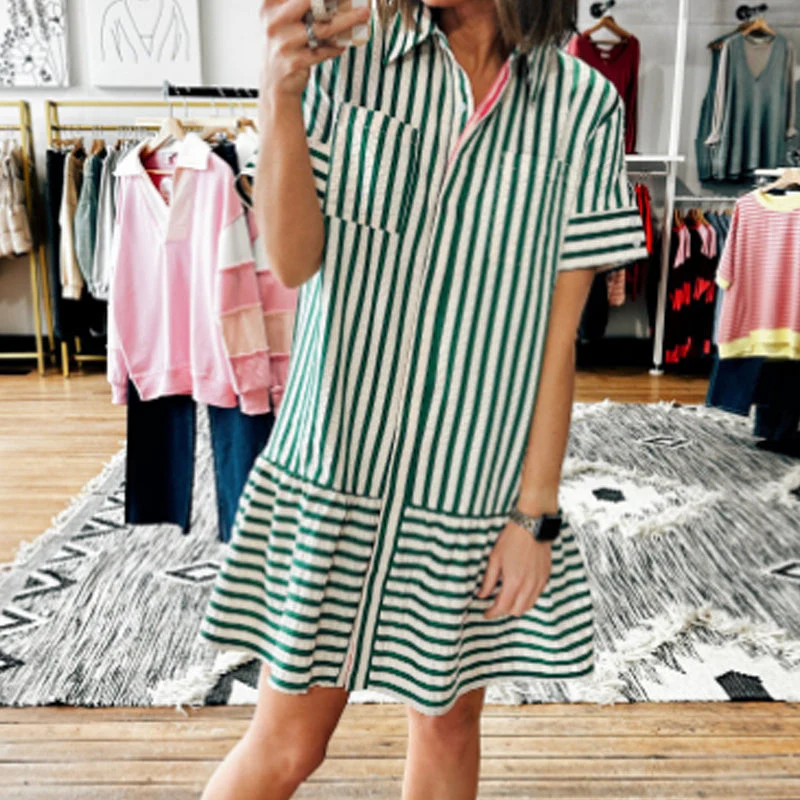 Lapel Short Sleeve Green Stripe Dress